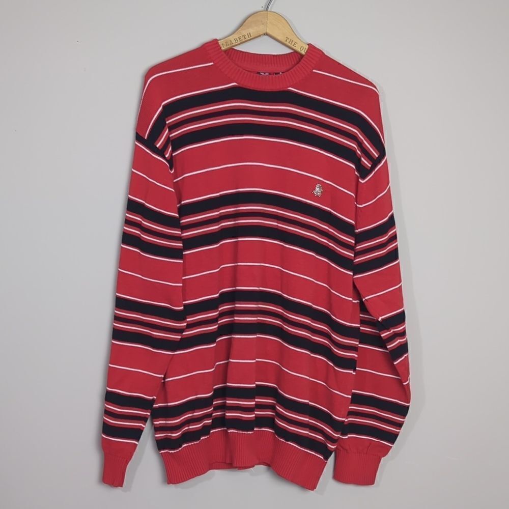 Cotton knit crew neck Avirex red and black stripes